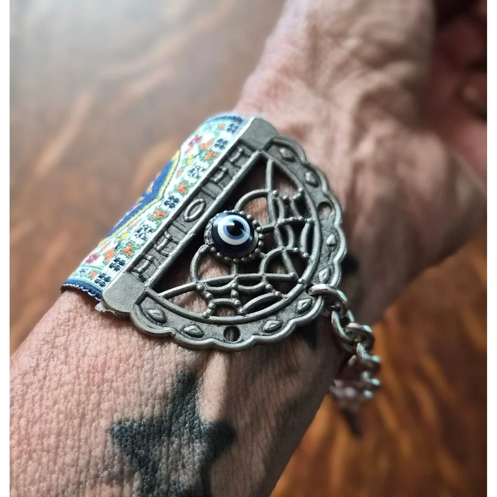 Turkish Kilim Tapestry Cuff Bracelet Evil Eye Nazar Silver Tone Boho Woven Blue